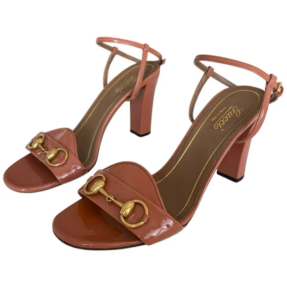 Gucci Horsebit Patent Leather Block Heel Sandals Brown Ankle Strap Size 38 US 8 - Picture 2 of 14
